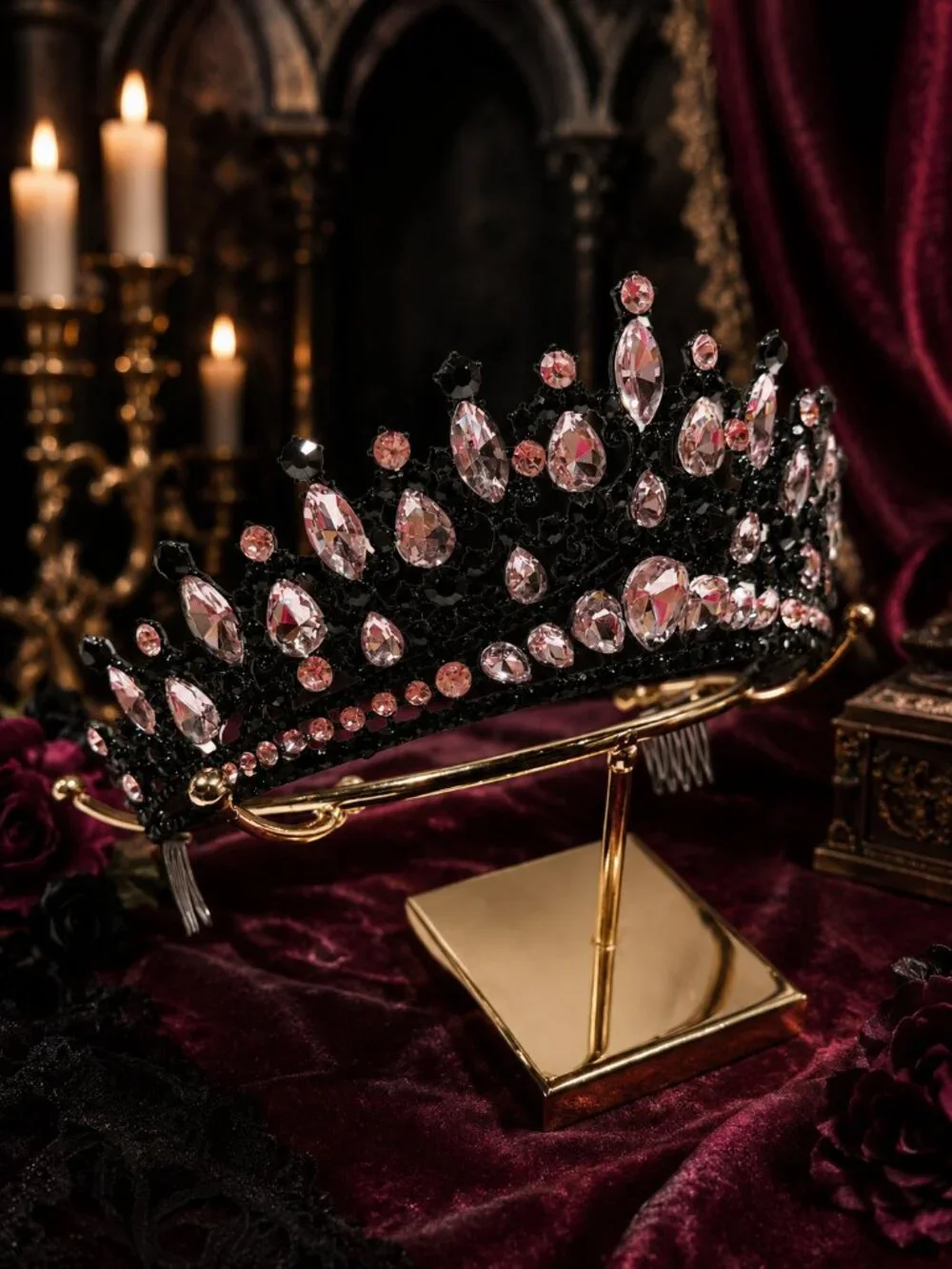 Gothic black crown, Pink crystal comb crown, Dark princess tiara, Costume crown